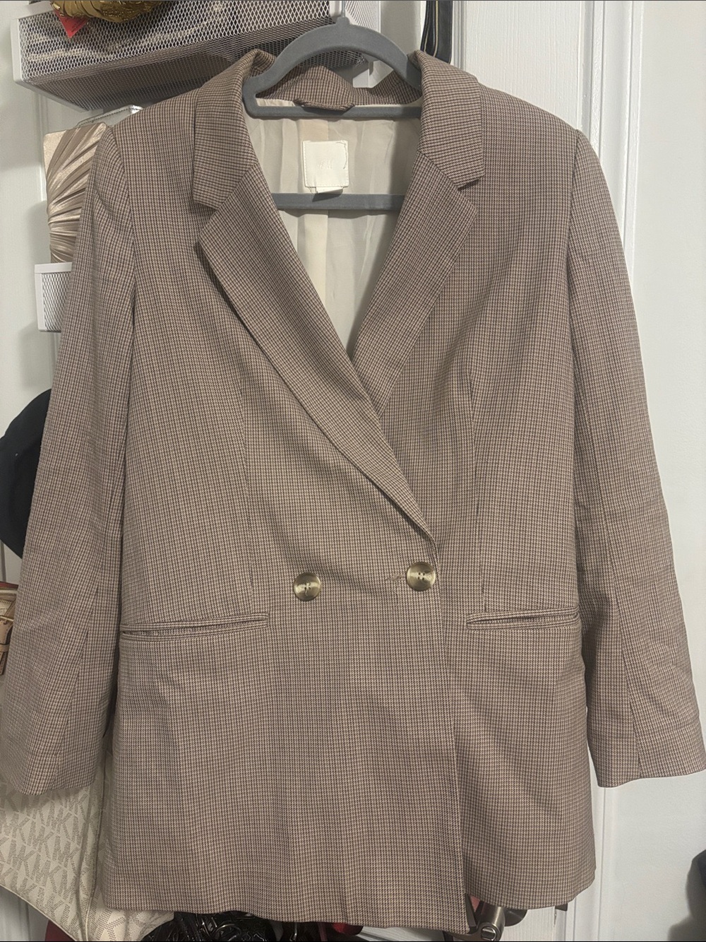 H&M Women's Double-Breasted Blazer in Beige Check